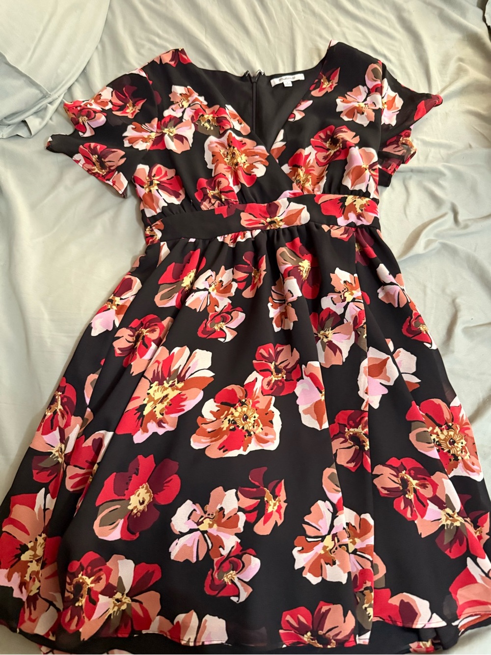 Madewell Black Floral Mini Dress with Red and Pink Blooms
